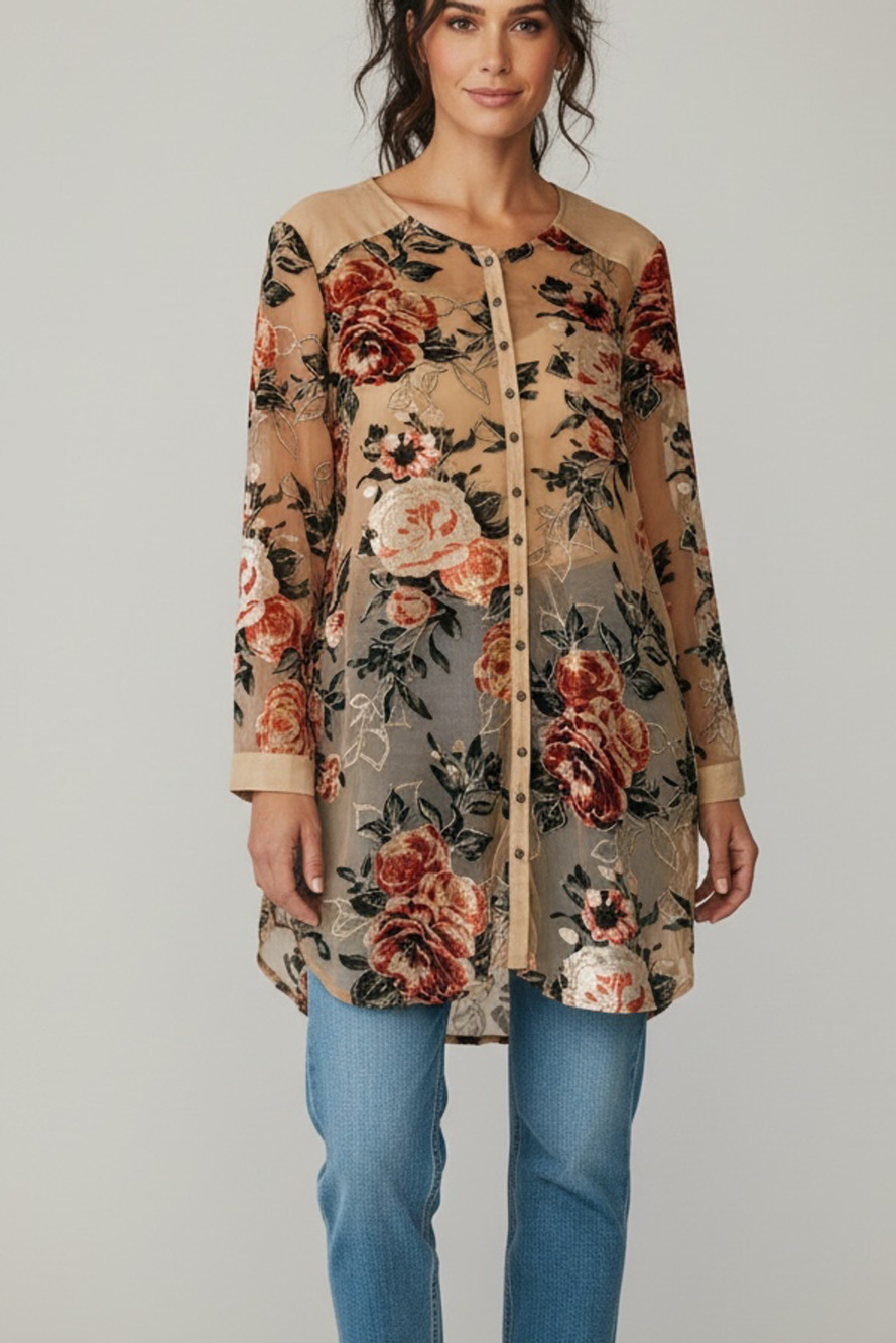 Aratta Silent Journey Boho Floral Velvet Tunic Size L